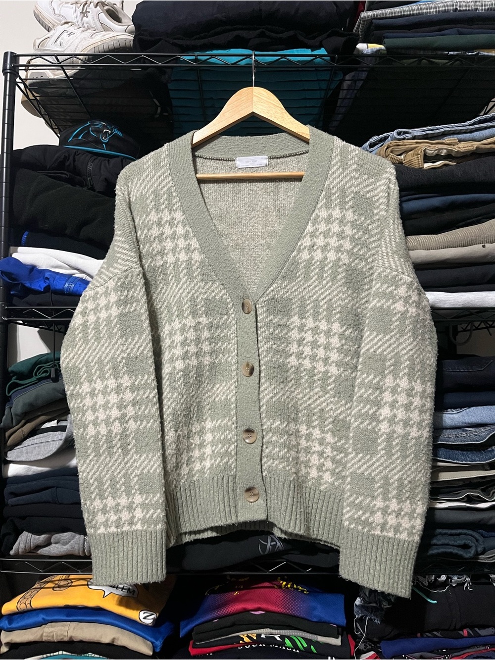 OAK + FORT Sage Green Houndstooth V-Neck Cardigan